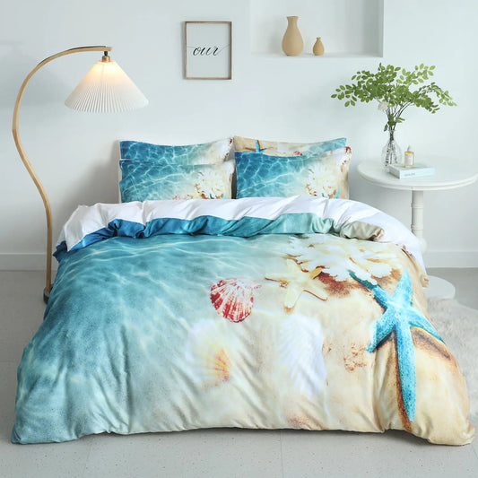 Beach Duvet Cover Queen 3 Pieces Soft Lightweight Microfiber Duvet Cover Set 3D Beach Ocean Bedding Comforter Cover Set with Zipper Ties 1 Duvet Cover and 2 Pillowcases No Comforter